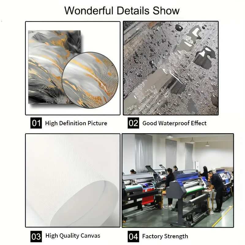 2D Flat Modern Abstract Wall Art Black Golden Feather Design Frameless Canvas Print for Living Room Bedroom Office Decor C251031