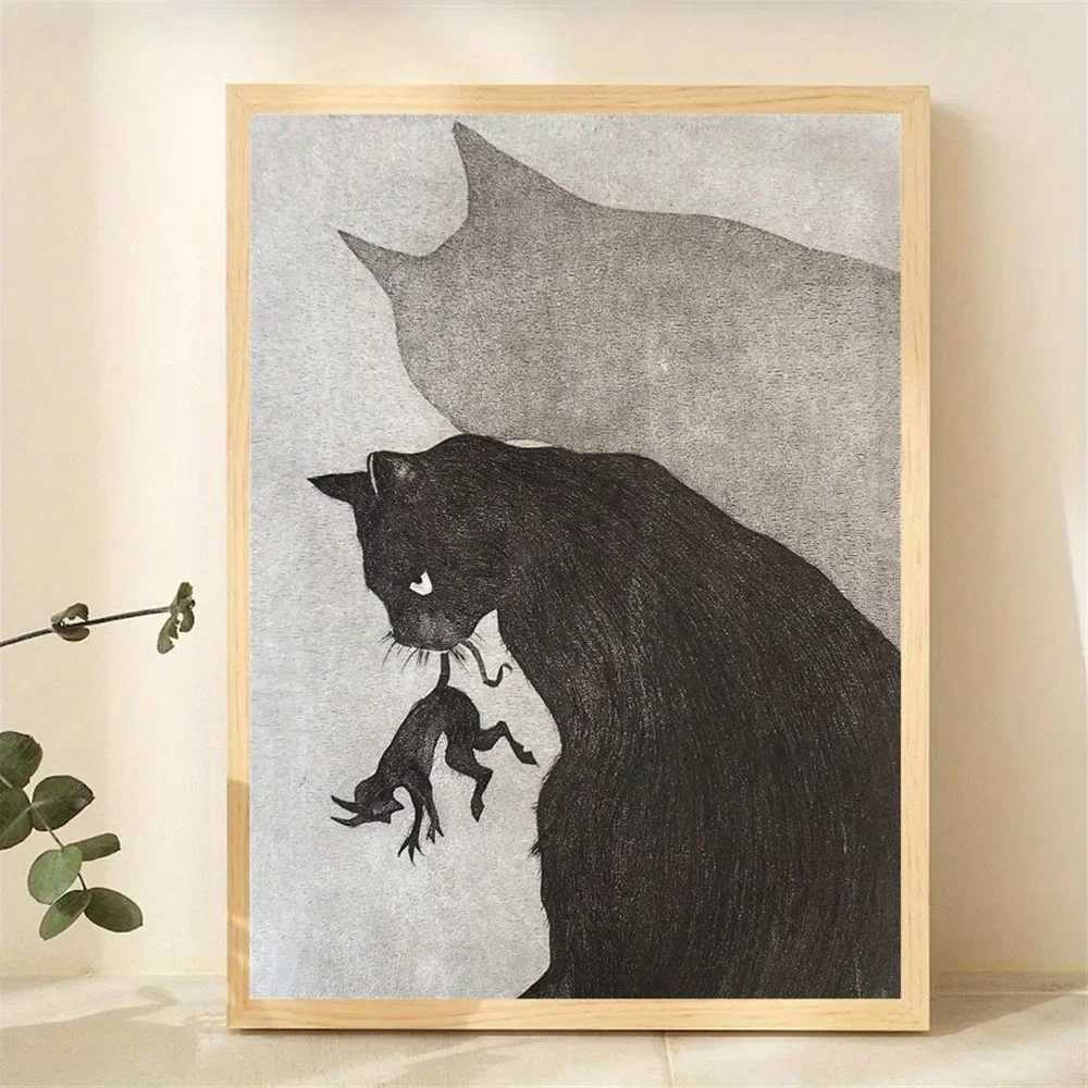 Black Cat Hunter Canvas Painting Prints Modern Animal Sketch Posters Wall Art for Living Room Bedroom Home Office Decor Unframed C251031