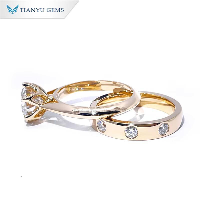 Tianyu 2CT D VVS Round Moissanite Diamond Engagement Ring Set Custom Real Yellow Gold 14K 18K Wedding Band Rings