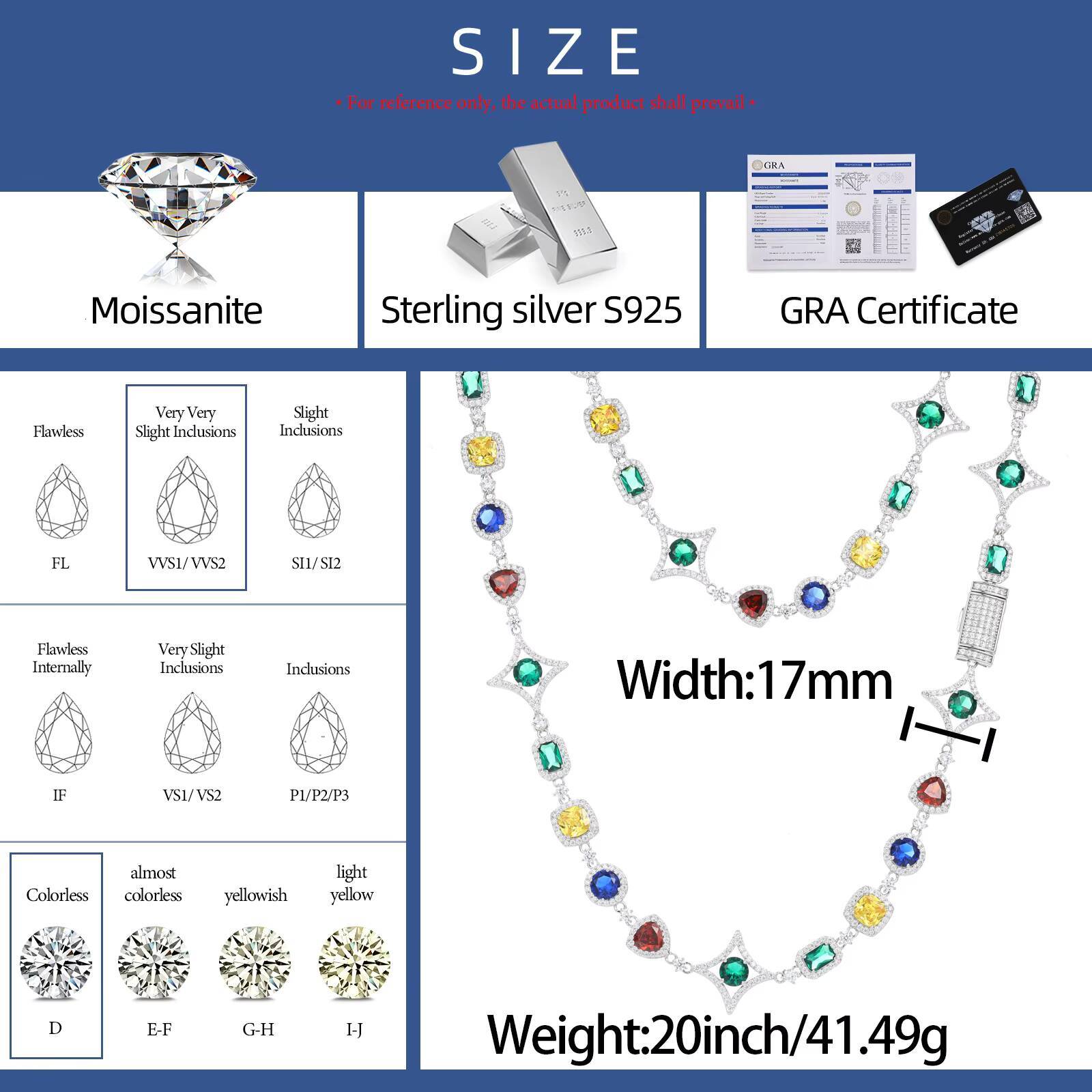 New Arrival Luxurious Fine Jewelry 925 Sterling Silver Colored Moissanite Link Chain Tennis Necklace for Party