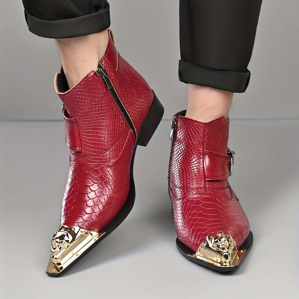 QRLQRL Men's Retro British Style Slip-On Ankle Boots With Metal Red Snakeskin-Like Chunky Heel Pointed Toe Short Boots, Rubber Sole For Parties,  - view 6