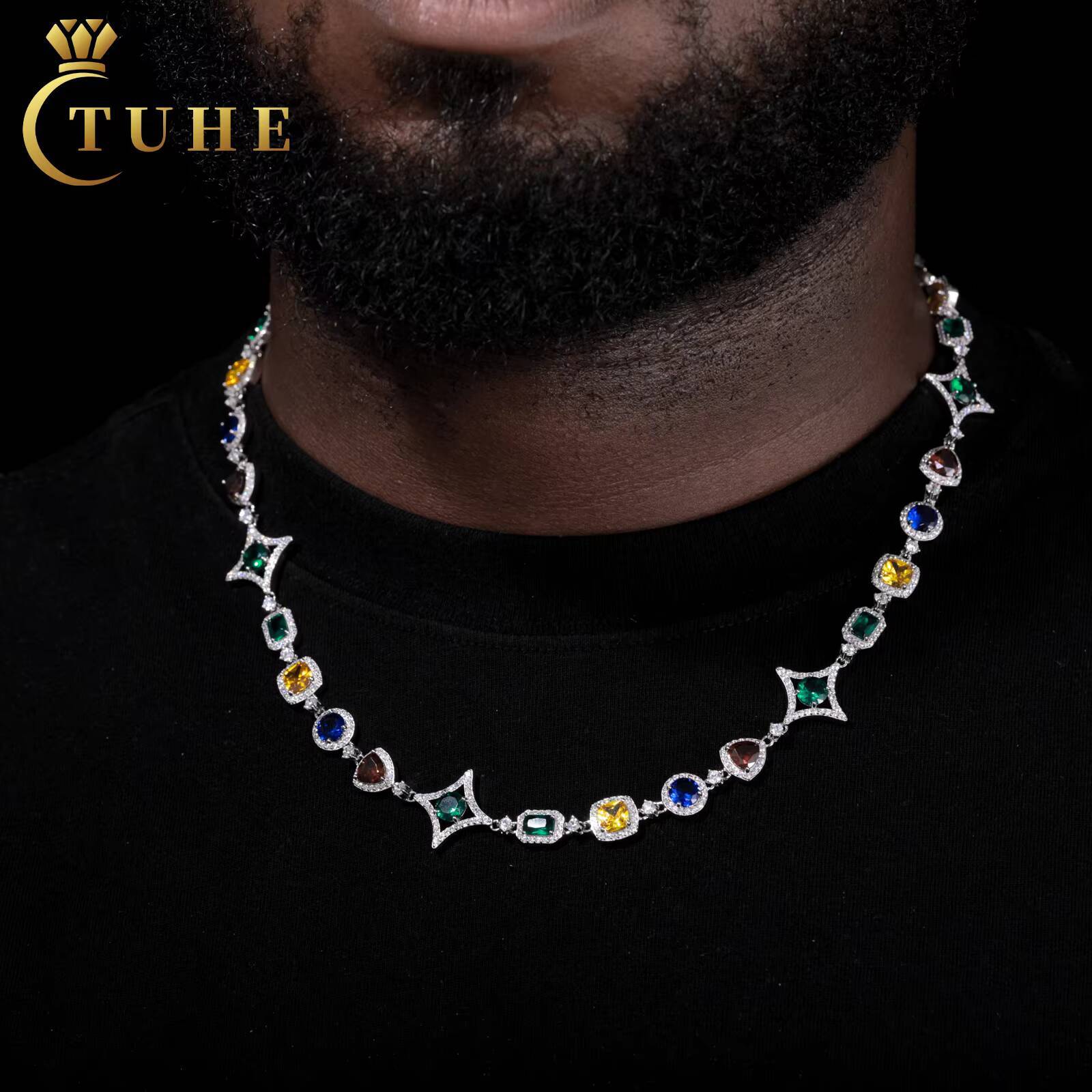 Fashion Mens Street Style Jewelry 925 Sterling Silver VVS Moissanite Diamond Mixed Color Gemstone Geometric Link Chain Necklace