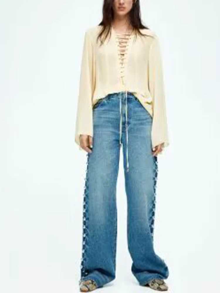 European and American style 2025 summer new womens clothing allmatch straight metal rivet decorated jeans trousers J251031