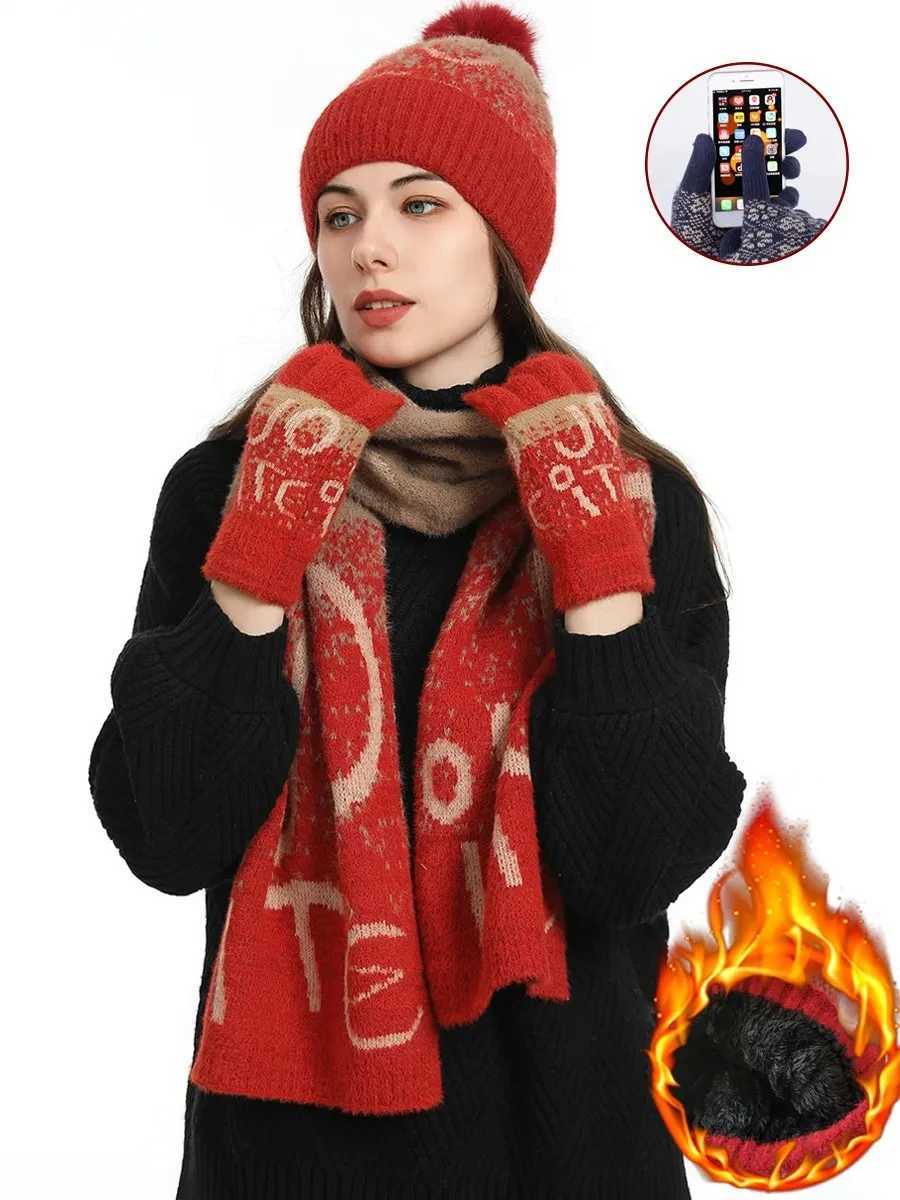 3pcs Winter Knitted Scarf Gloves for Women Fleece Lined Hat Set Comfortable Soft Casual Warm Red Glove Set Outdoor Windproof Set C251031