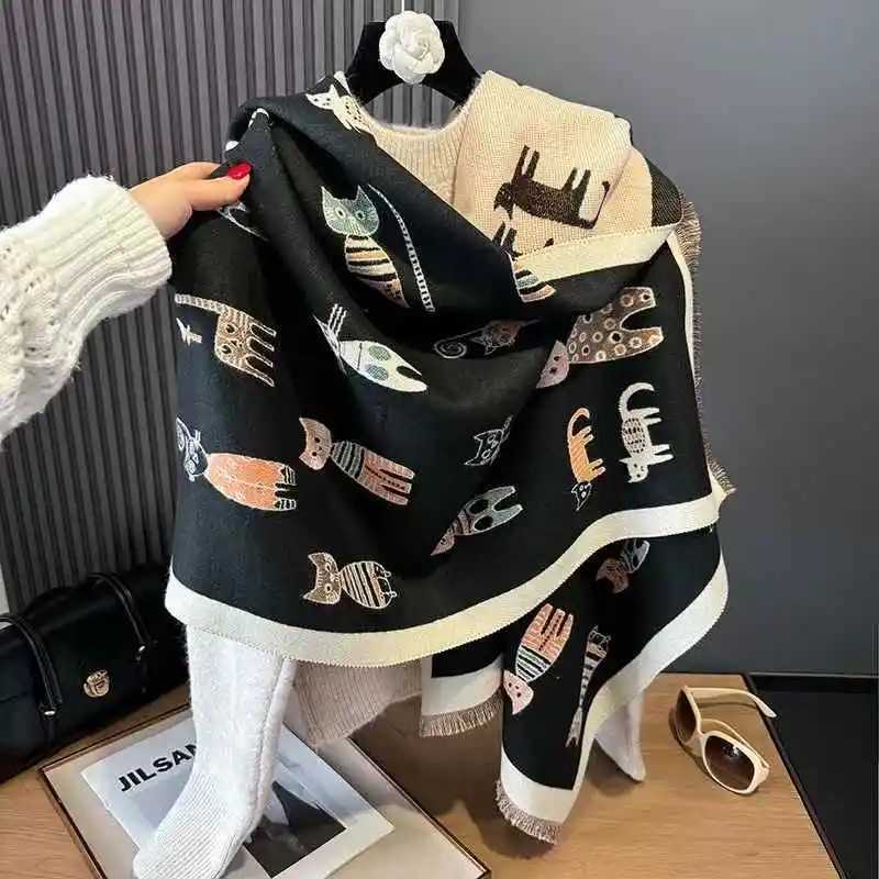 Cute cartoon cat doublesided doublewear faux cashmere womens winter thickened warm and coldproof scarf shawl for studentsW251030