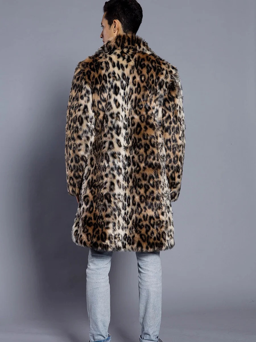 Autumn Winter Mens Faux Fur Large Lapel Long Jacket Overcoat Clothing Leopard Thick Coat 251018