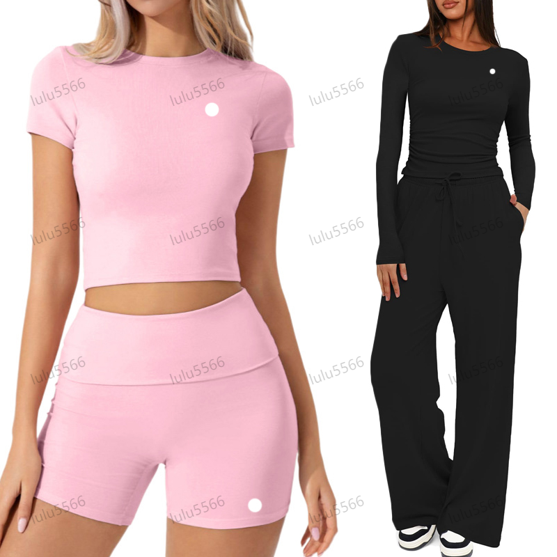 Yoga set T-shirt sports shorts gym clothes womens short sleeved high waist wide leg pants long sleeved drawstring loose dance studio pants flare pants workout sets