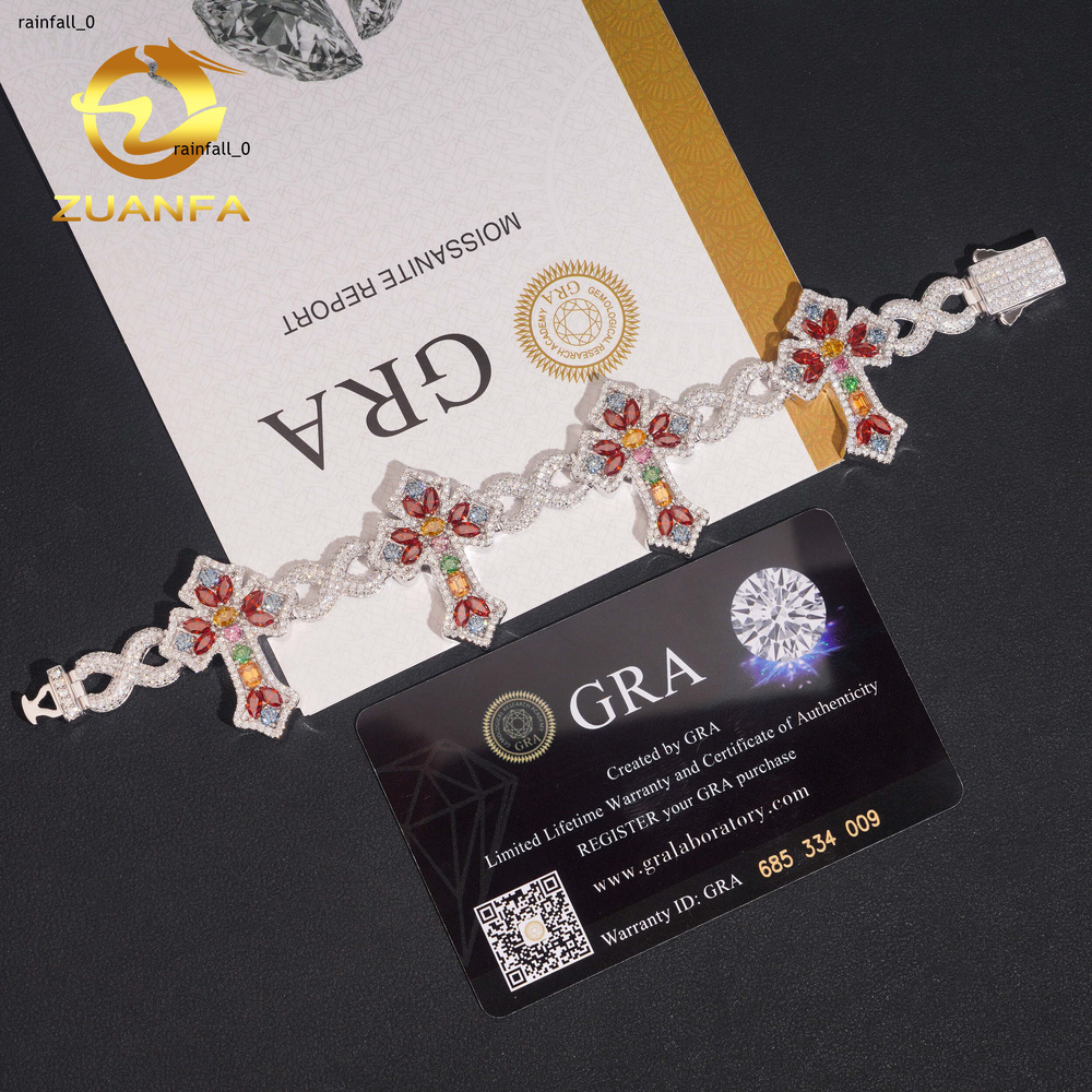 Hip Hop Jewelry 10mm Cross Moissanite Cuban Link Bracelet 925 Silver Multi Color Moissanite Diamond Bracelet Iced Out