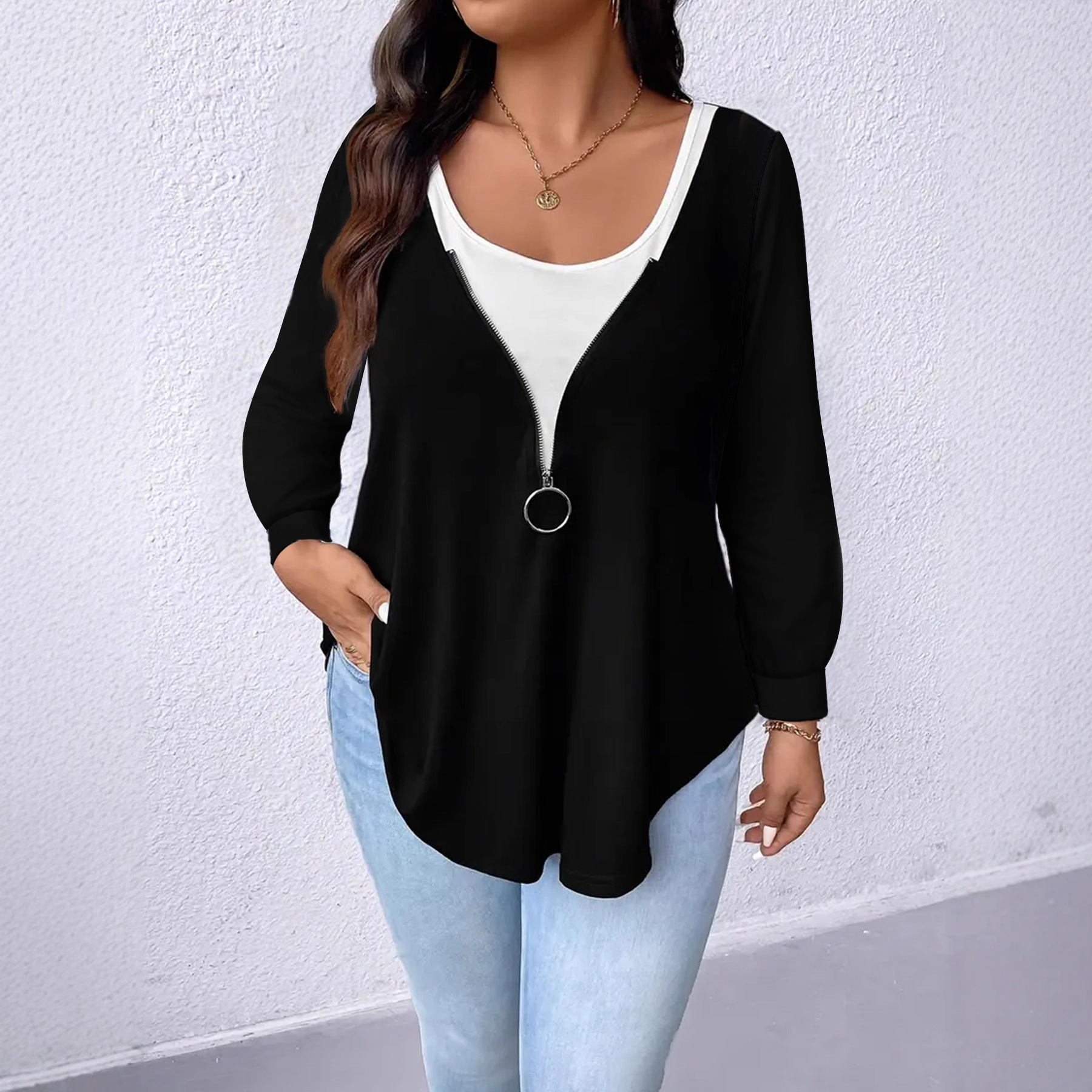 2025 autumn and winter designer loose plus size women's clothing, European and American casual versatile, external zipper, new fake two-piece lon