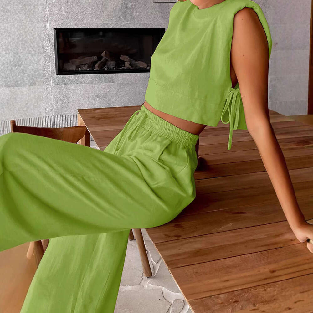 2025 Fashion Cotton Linen Suit Women's Summer Padded Shoulder Sleeveless Top Long Pants Two-Piece Set European And American Casual Women dc53