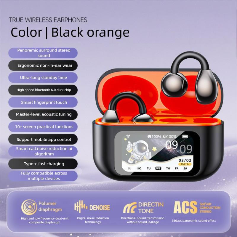 Advanced Clip-On Earbuds with Color Touch Screen & Remote Control Open-Ear Bluetooth Earphones Hi-Fi Sound for Gaming/Music Anti-Loss 30Hrs Playback