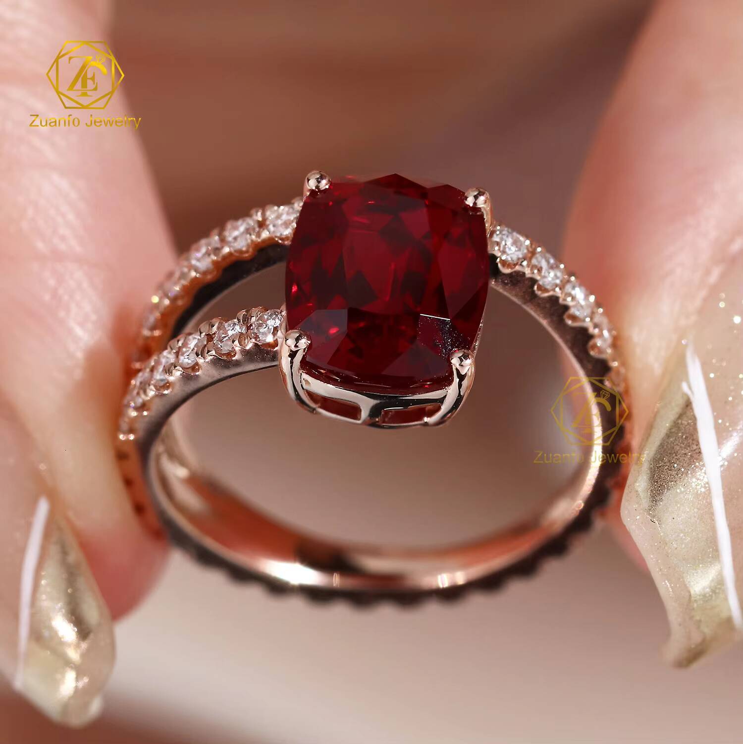 Luxury Custom 18K Solid Gold 3 CT 7x9mm Long Cushion Cut Lab Grown Ruby Wedding Engagement Ring for Women New Moissanite Rings