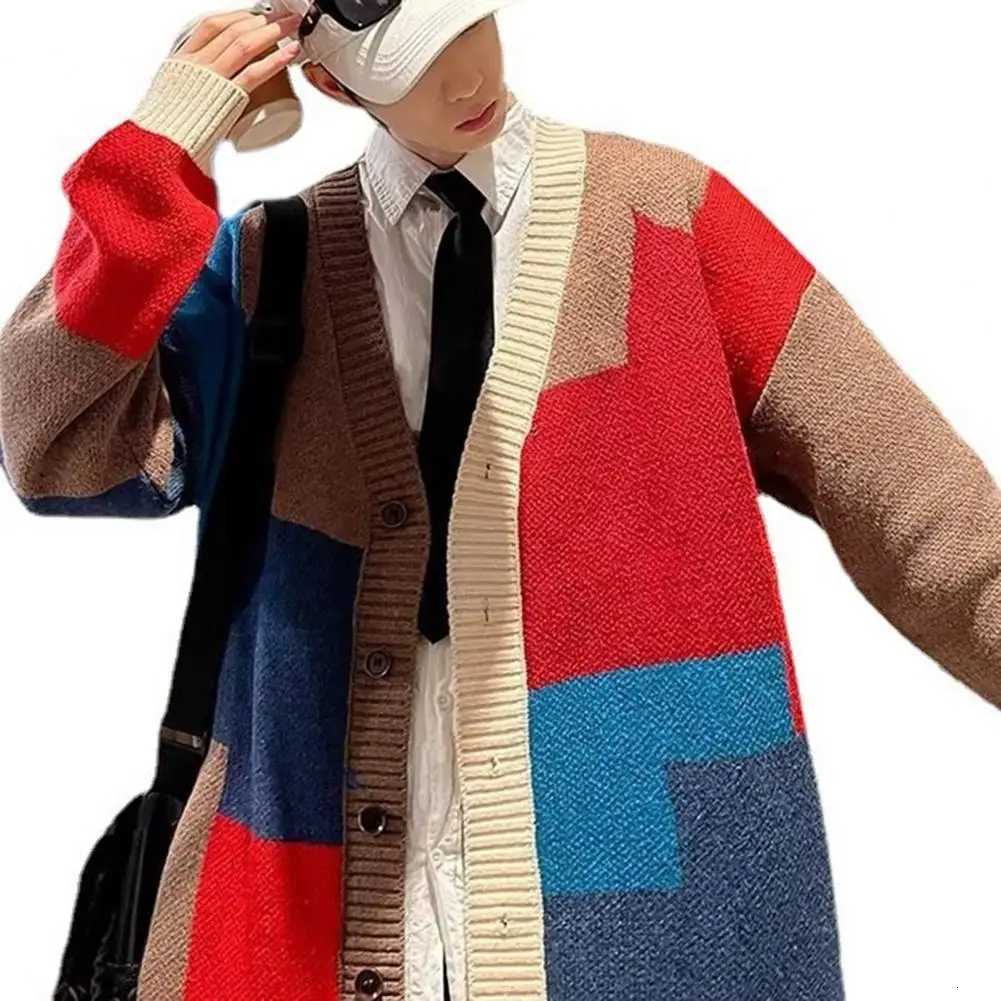 Plus Size Men Sweater Coat Knitted Thick Colorblock Cardigan Singlebreasted Mid Length V Neck Patchwork Male Sweater LooseT251031
