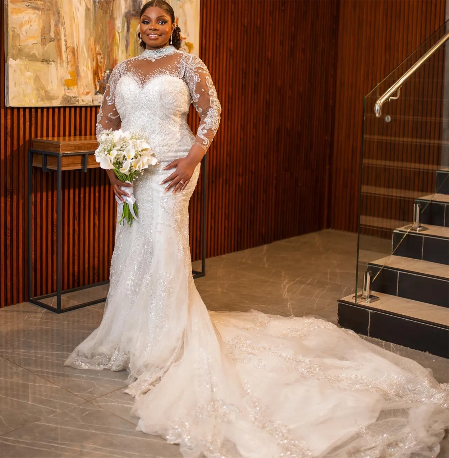 Ivory Mermaid Wedding Dresses Plus Size Lace Beaded Long Sleeves Vintage Bridal Gowns Dress