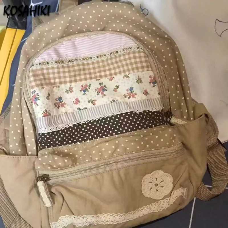 Japanese Vintage Y2k Aesthetic Backpack Sweet Cute Flower Print Schoolbags Women Patchwork Striped Plaid Backpacks for Students W251031