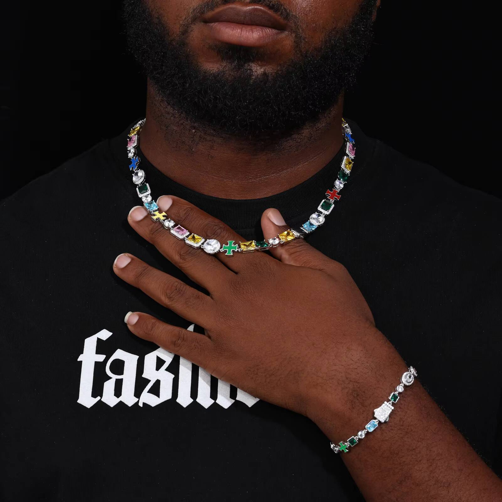 Fashion Jewelry 10mm 925 Sterling Silver White Moissanite Diamond Enamel Plated Cross Mix Colorful Zircon Link Chain for Party