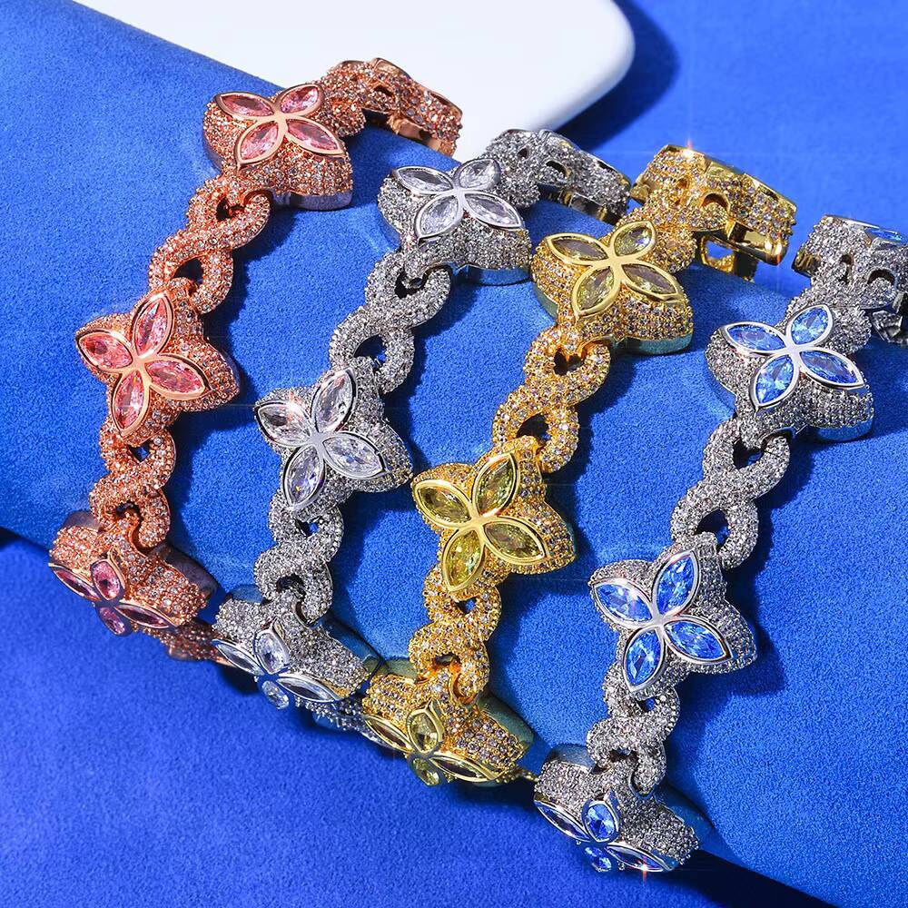 Wholesale FourLeaf Clover S925 Silver Moissanite HipHop Fashion Bracelet for Men Colorful CrossBorder Design