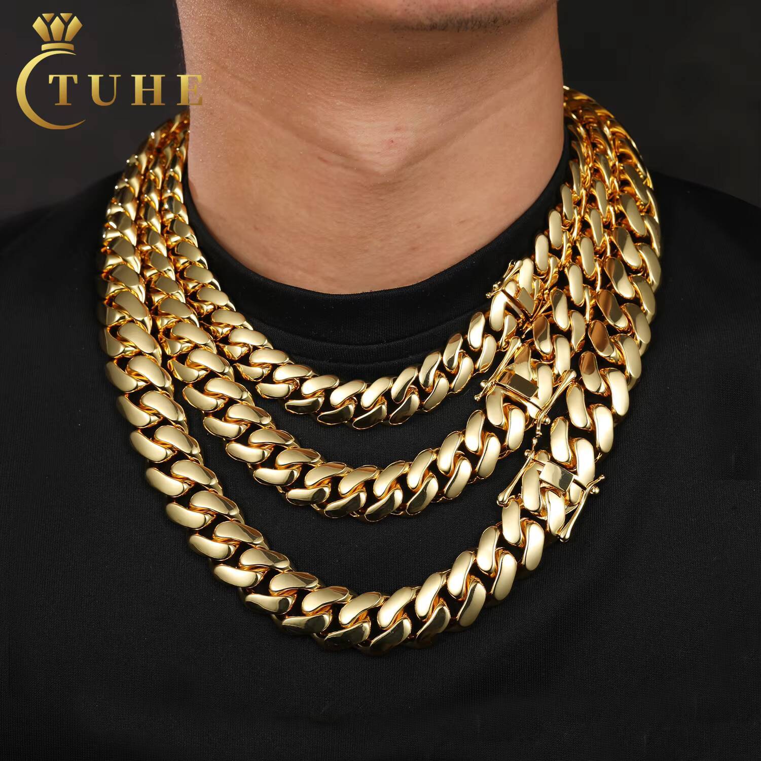 Multisize 10mm22mm Necklace Wholesale Gold Plated Brass High Quality Hip Hop Jewelry Miami Cuban Link Chain for Men