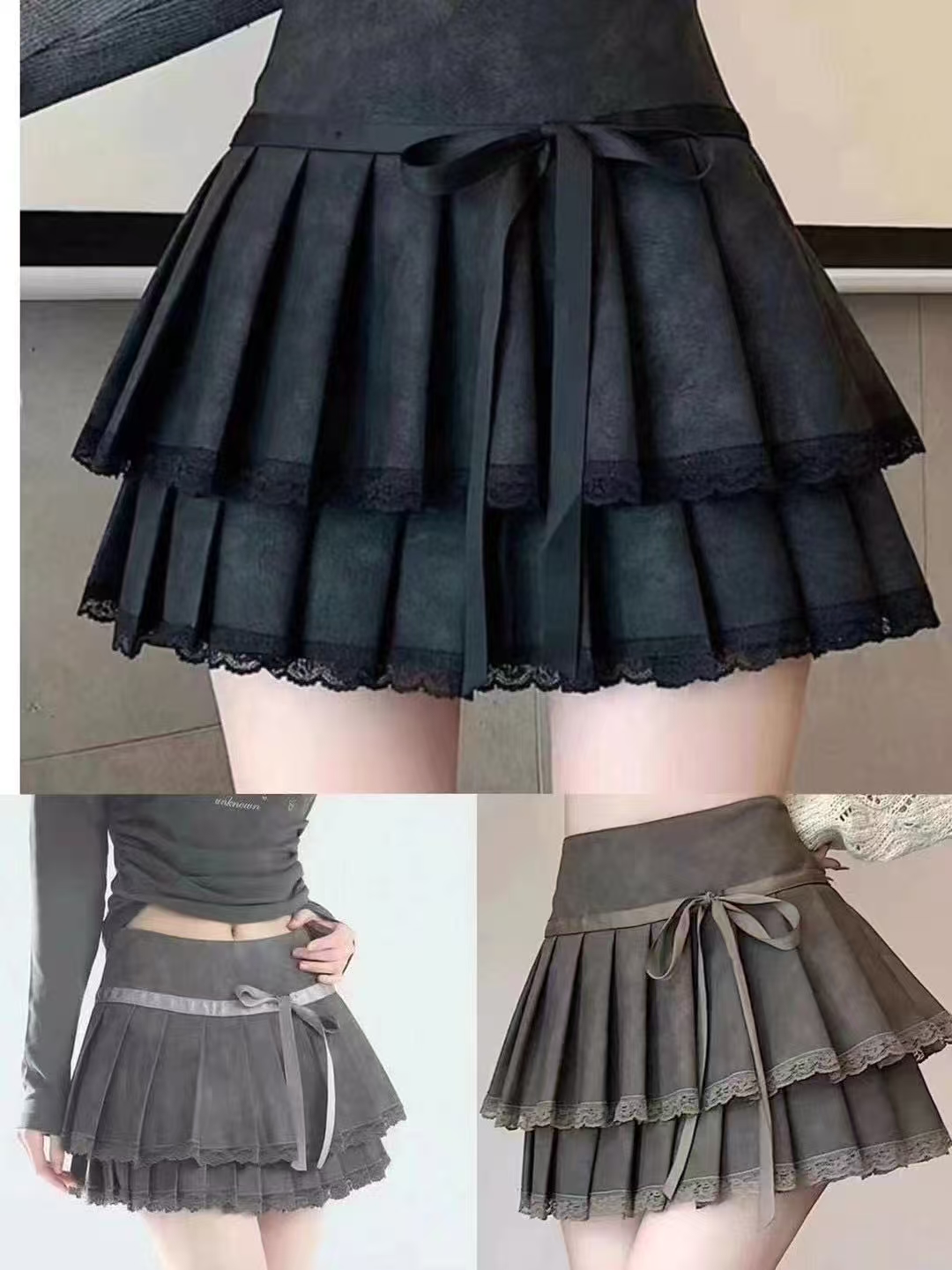 Women's Pleated Cake Skirt with Bow Tie, Lace Trim, High-Waisted Short Skirt for Women, Slimming & Heightening, Fashionable Lolita Style Mini Ski