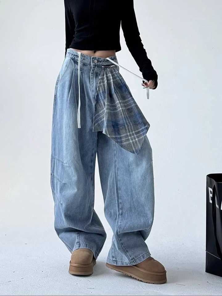 Vintage Streetwear Women Jeans Plaid Square Scarf Patchwork Wide Leg Denim Pants Loose Street Dance Lace Up High Waist Trouser J2510311