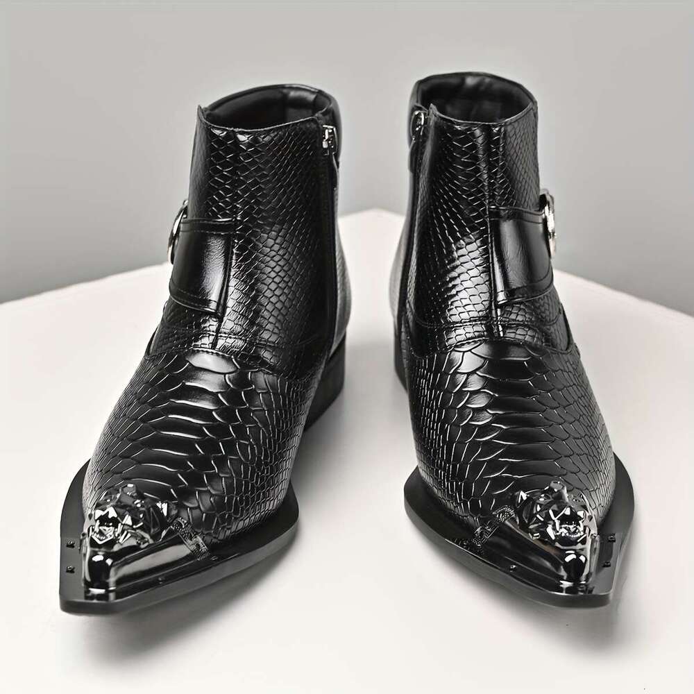 QRLQRL Men's Retro British Style Slip-On Ankle Boots With Metal Red Snakeskin-Like Chunky Heel Pointed Toe Short Boots, Rubber Sole For Parties, 