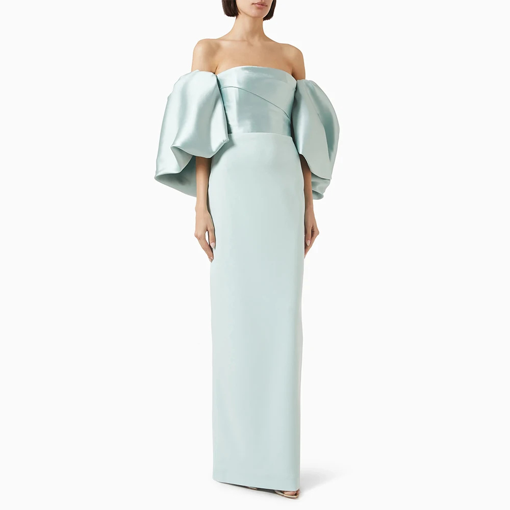 Elegant Sage Evening Formal Dress 2026 Off the Shoulder Short Puffy Sleeves Satin Long Prom Pageant Party Gowns Birthday Robe De Soiree