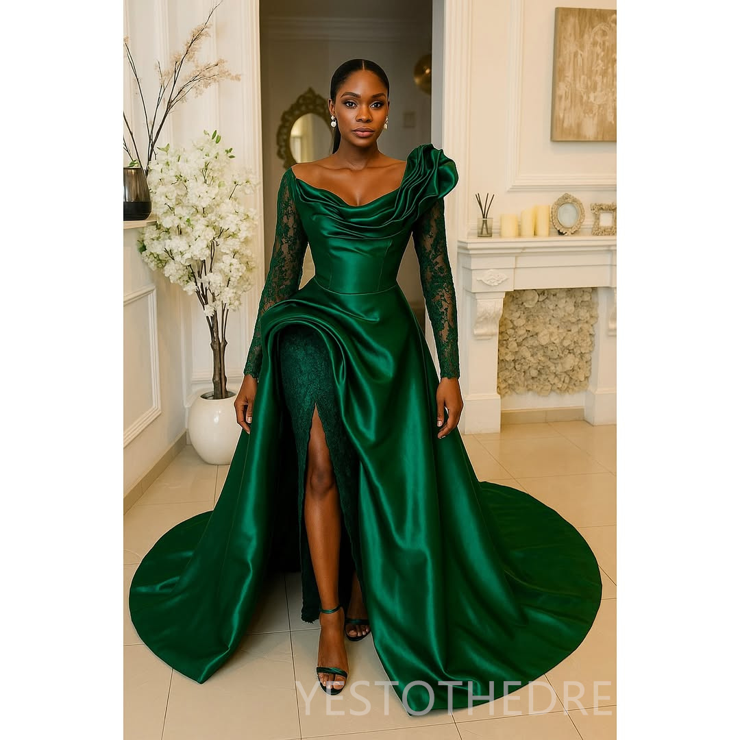 2025 Shiny Aso Ebi Prom Dress Mermaid Evening Dresses Scoop Neckline Sexy Side Split Beaded Lace Illusion Long Sleeves Birthday Dress Second Reception