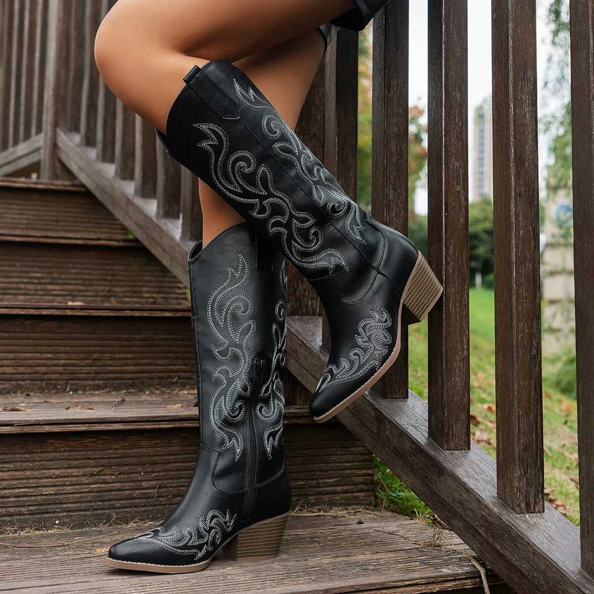 Womens Retro Western Embroidered Cowboy Boots Pointed Toe High Block Heel Faux Cover with Fabric Lining TPR Sole Zipper C Z251029