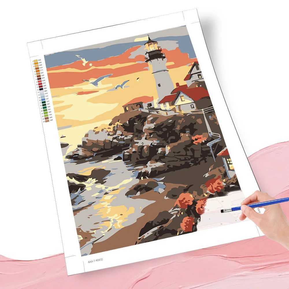 Painting By Number Kits Sunset Lighthouse Scene Seascape Coastal DIY Digital Oil Painting Landscape Coloring Artcraft Handpaint C251031