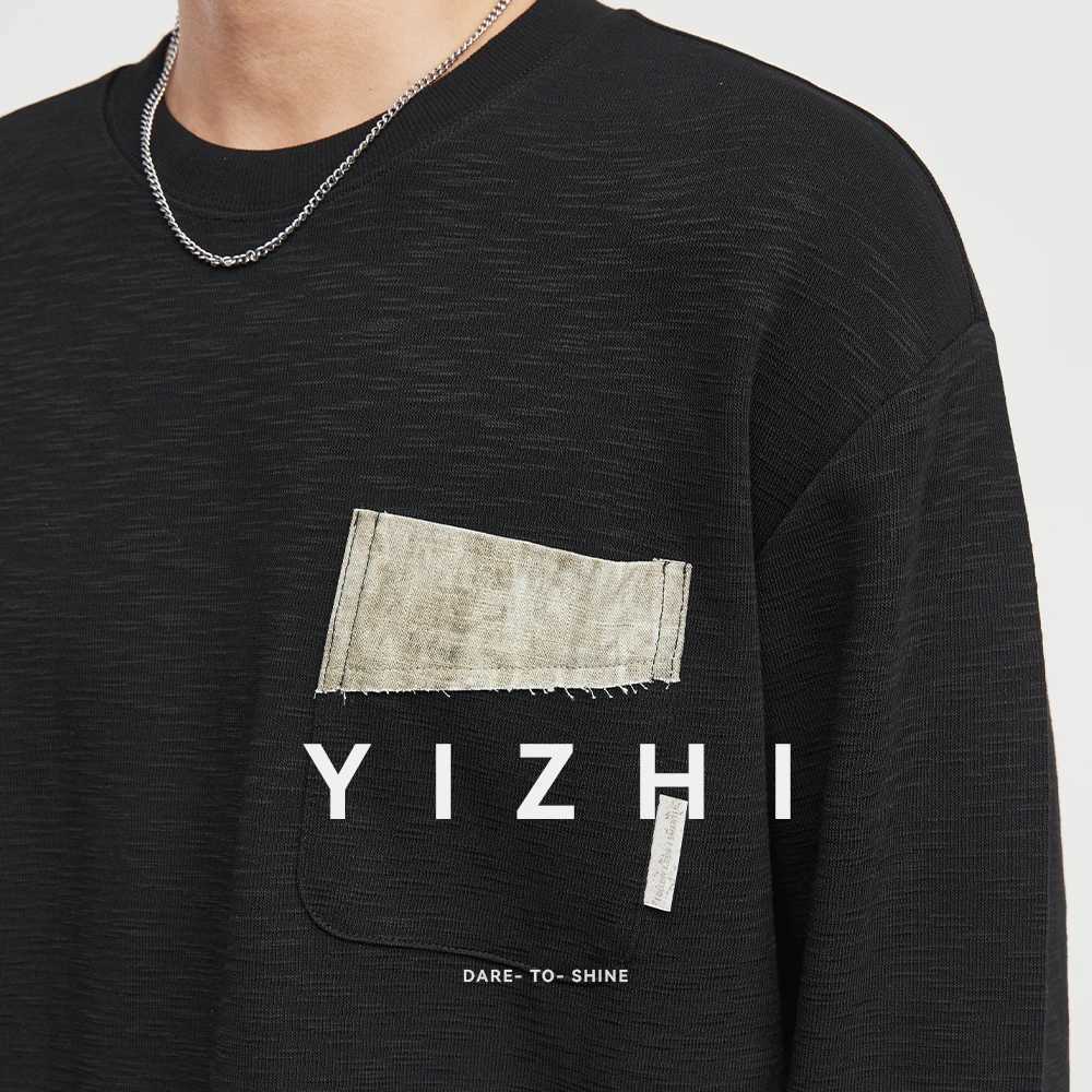 Fashion Mens Pocket Contrast Color Round Neck Sweatshirt 2025 Autumn New Loose Versatile Long Sleeve Top Pullover J251021