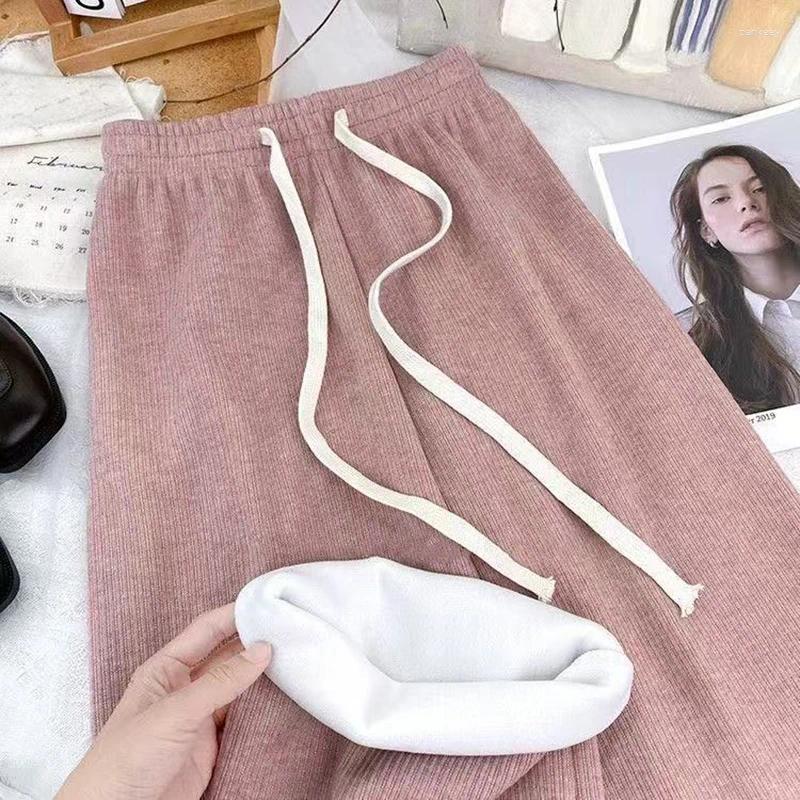 Women's Pants Casual Elastic Waist Fleece Women 2025 Drawstring Lace Up Wide Leg Trousers Woman Pocket Warm Autumn Winter Female Z260314