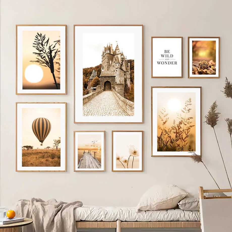 Autumn Deer Castle Fallen Leave Posters Pier Plant Forest Prints Wall Art Pictures Canvas Painting For Living Room Home Decor C251031