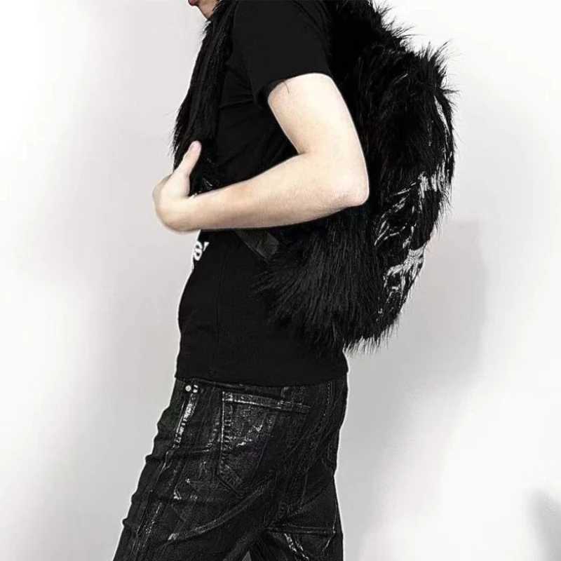 Vintage Print Fluffy Backpack Personality Y2k Aesthetic Fashion Schoolbags Women Casual Harajuku Streetwear All Match Backpacks W251031