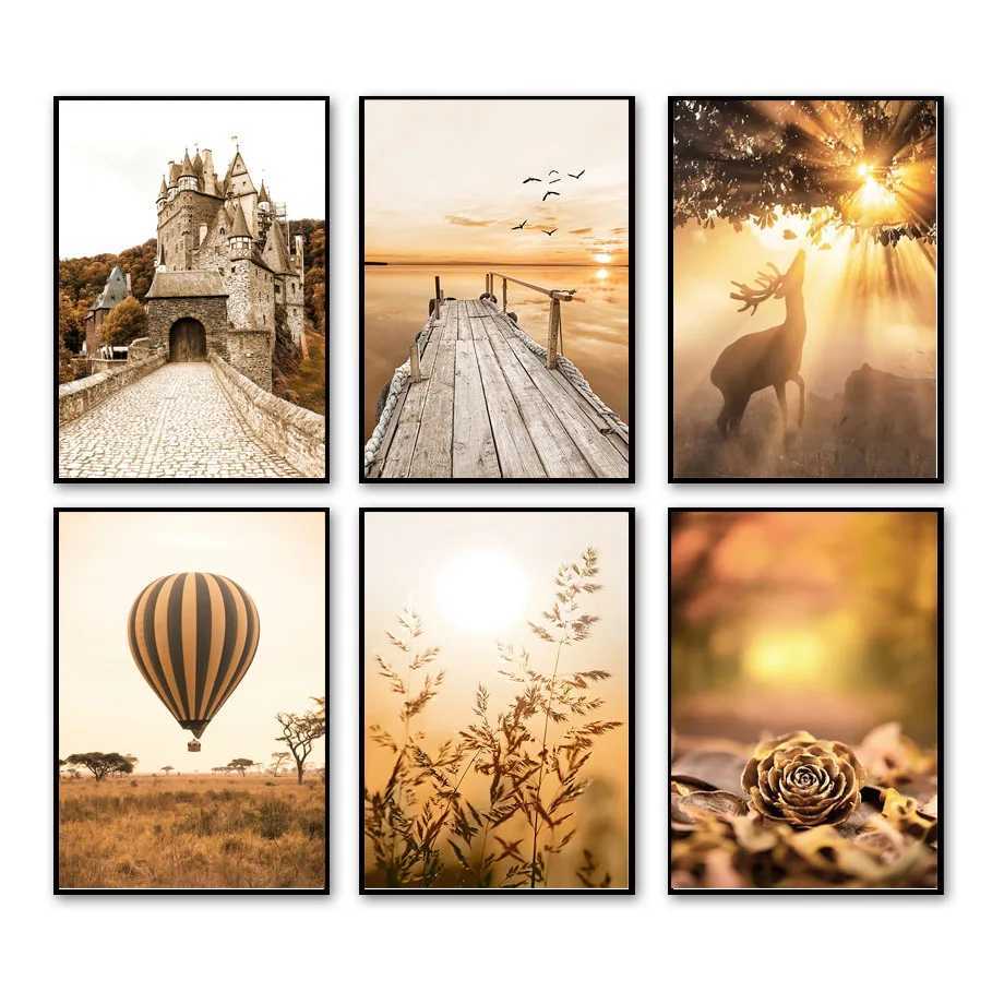 Autumn Deer Castle Fallen Leave Posters Pier Plant Forest Prints Wall Art Pictures Canvas Painting For Living Room Home Decor C251031