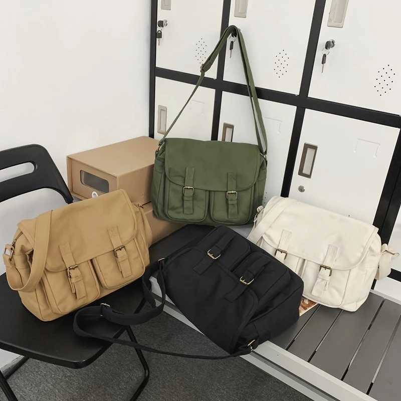 Casual Canvas Women Shoulder Bags Female School Messenger Bags Multi Pocket Flap Buckle Unisex College Student Crossbody Bookbag W251031