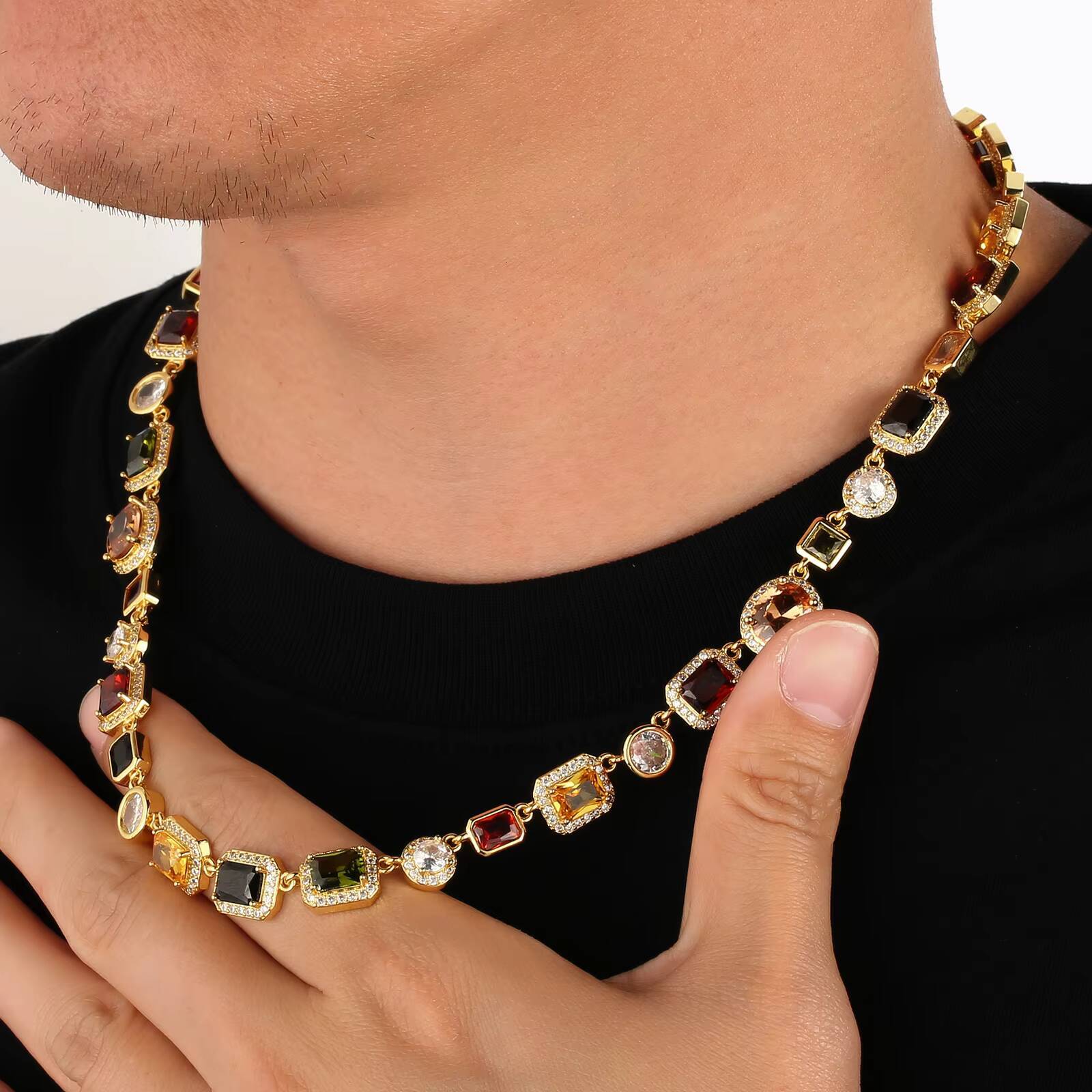 Personalized Colorful Zirconia Choker Chain Hip Hop Vintage 18K Gold Plated Multicolor Gemstone Stone Womens Necklace for Men