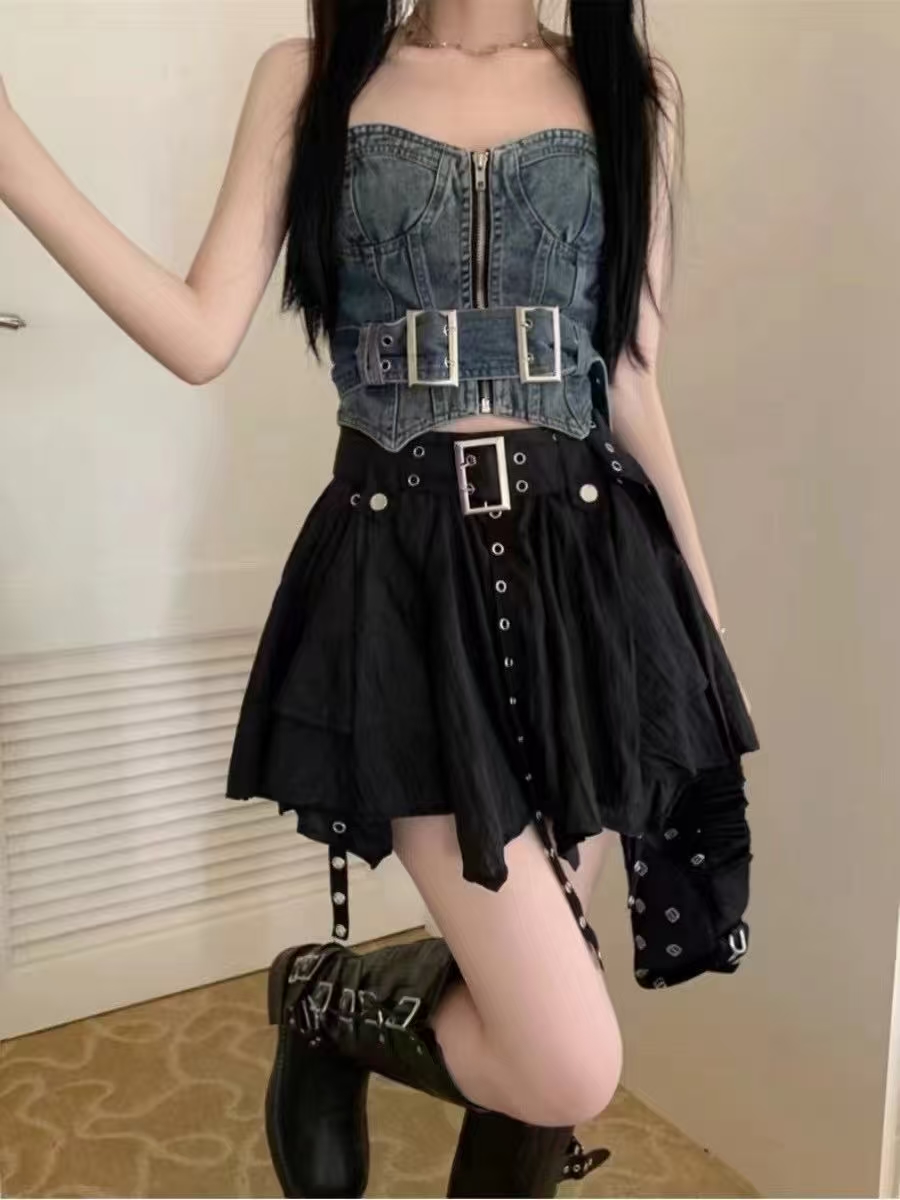Women's Post-Apocalyptic Irregular Mini Skirt with Belt, High-Waisted Short Skirt, Slimming & Heightening, Edgy Street Style Skirt for Women-NO11