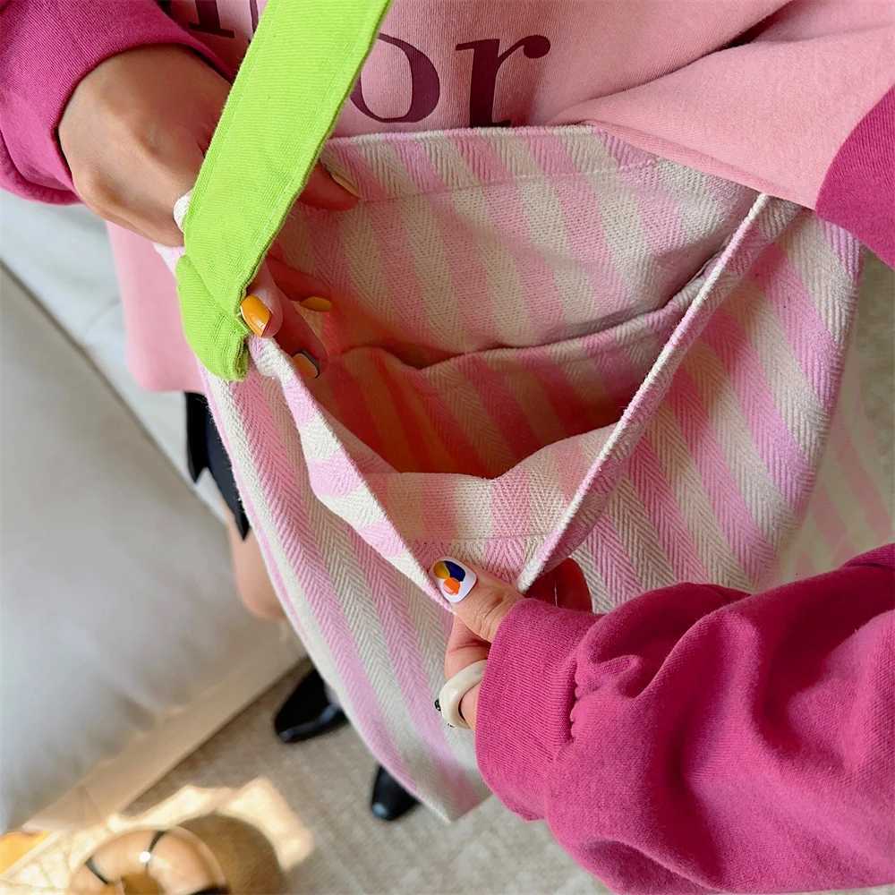 Contrast Color Womens Stripe Shoulder Bags Simple Canvas College Girls Book Tote Shopping Bag Casual Female Travel Handbags W251031