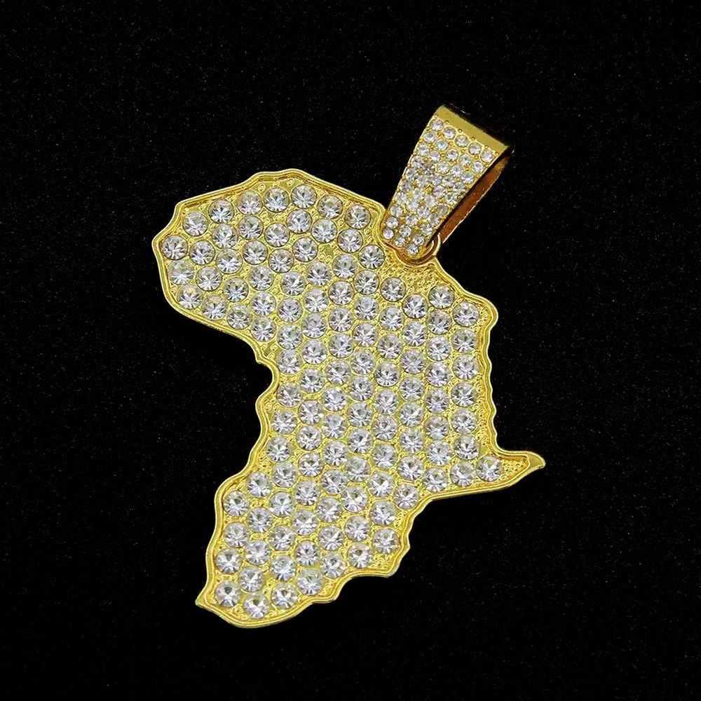 Mens and Womens Hip Hop Ice Out Africa Sparkling Map Pendant Necklace with 13mm Cuban Chain Hip Hop Necklace Fashionable Charm Jewelry Y250329