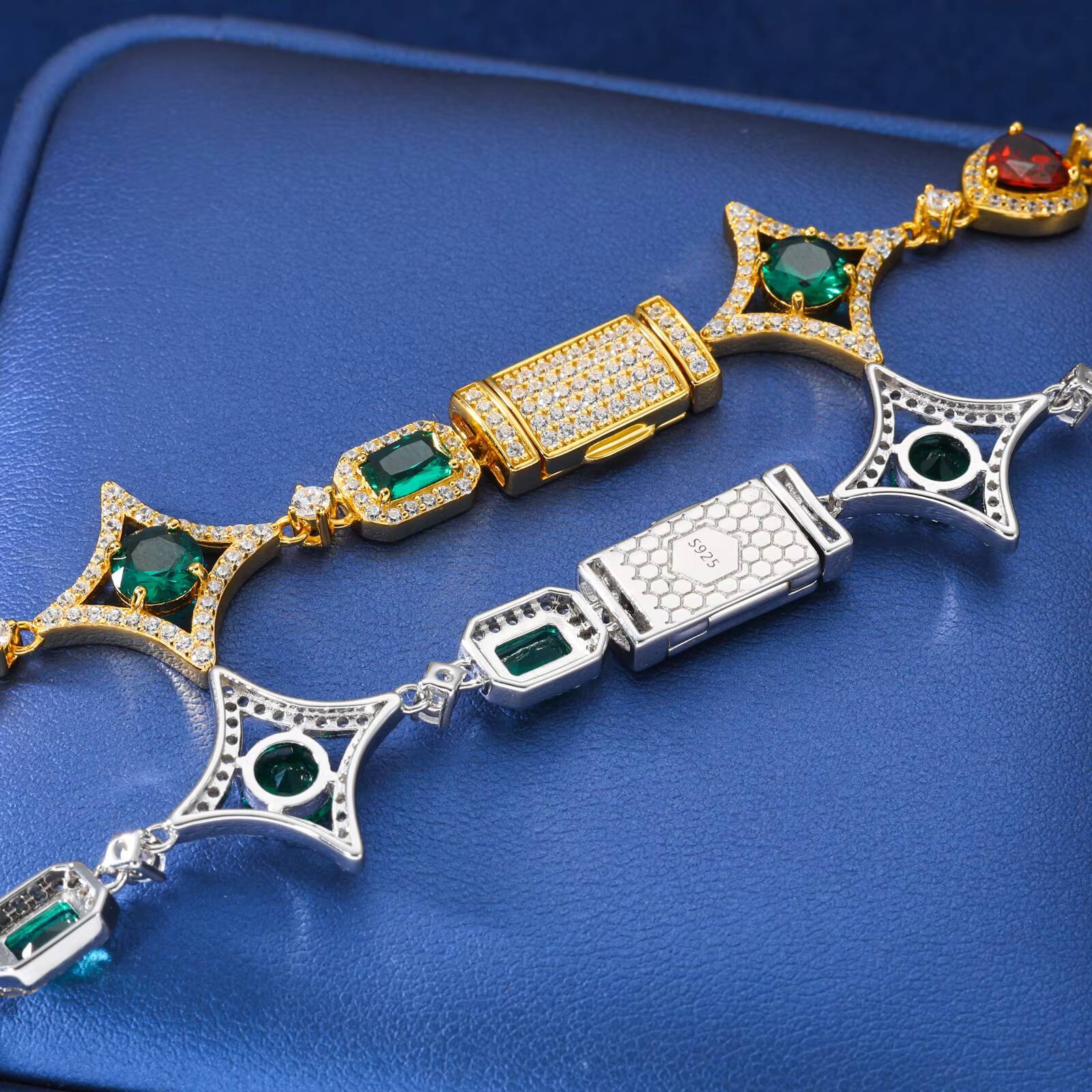 Fashion Mens Street Style Jewelry 925 Sterling Silver VVS Moissanite Diamond Mixed Color Gemstone Geometric Link Chain Necklace