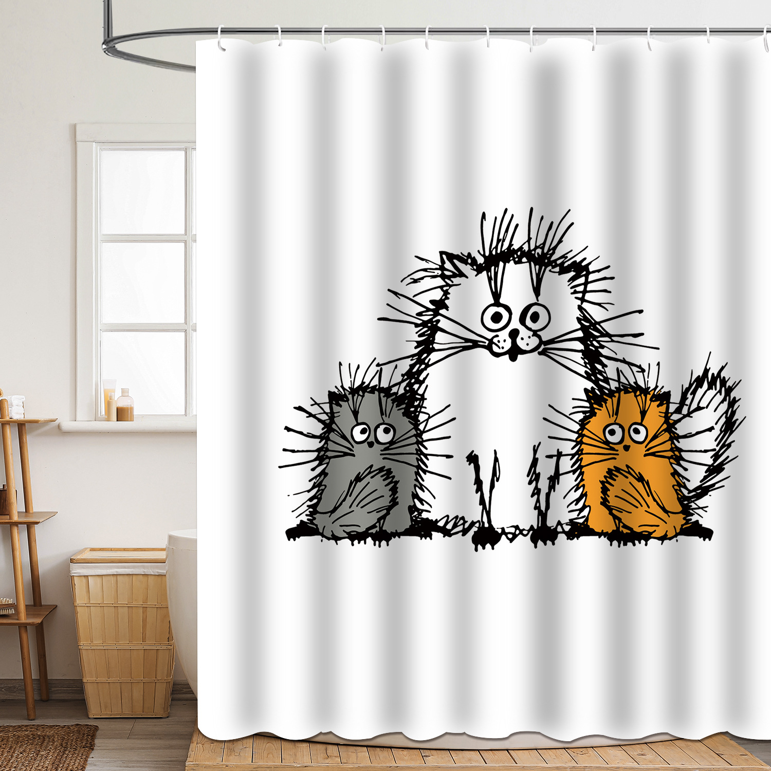 YL-37625 Popular 3D Digital Shower Curtain with Kitty Shower Design, Bathroom Dry and Wet Separation, Polyester with Hooks