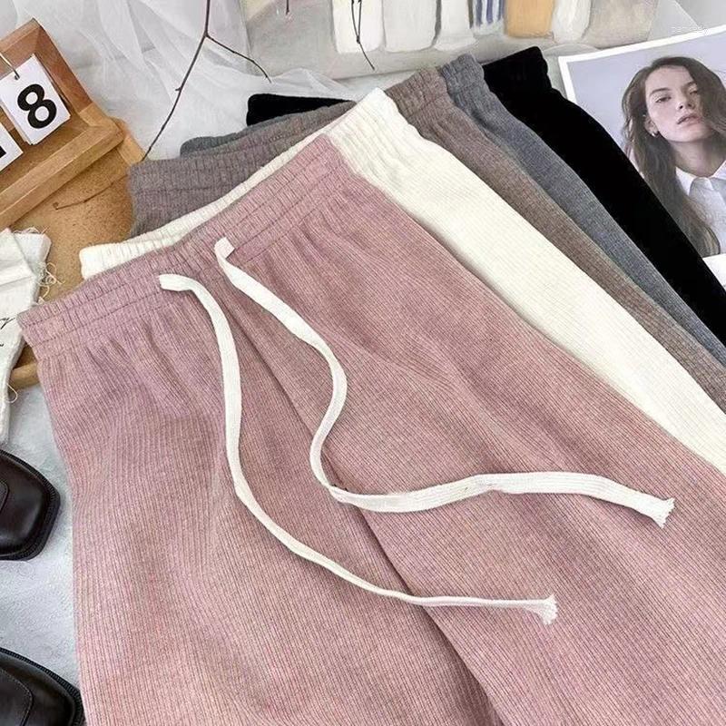 Women's Pants Casual Elastic Waist Fleece Women 2025 Drawstring Lace Up Wide Leg Trousers Woman Pocket Warm Autumn Winter Female Z260314