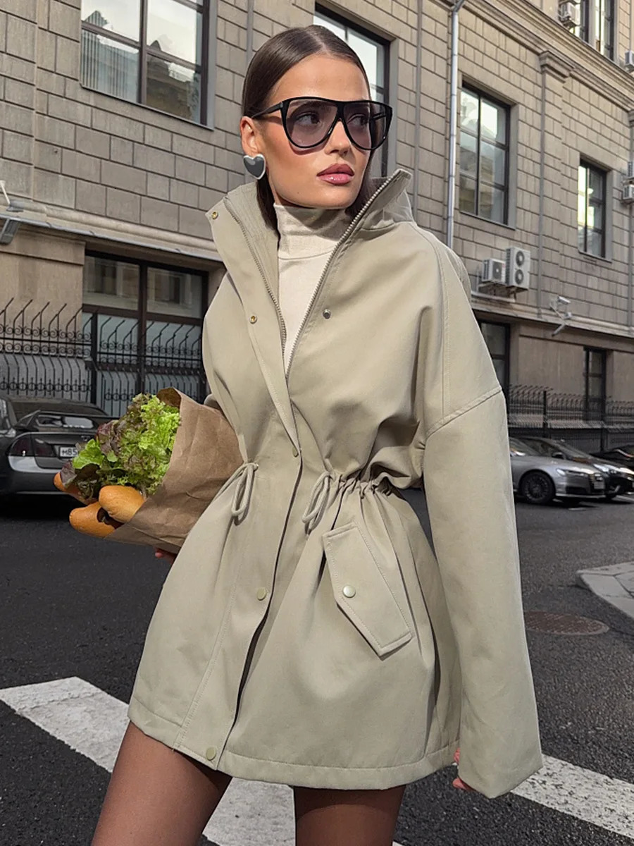 Wolfeel Womens Stand Collar Mid length Trench Coat Drawstring Waist Autumn Winter Coats Cotton Outer Jacket 251031 - view 3