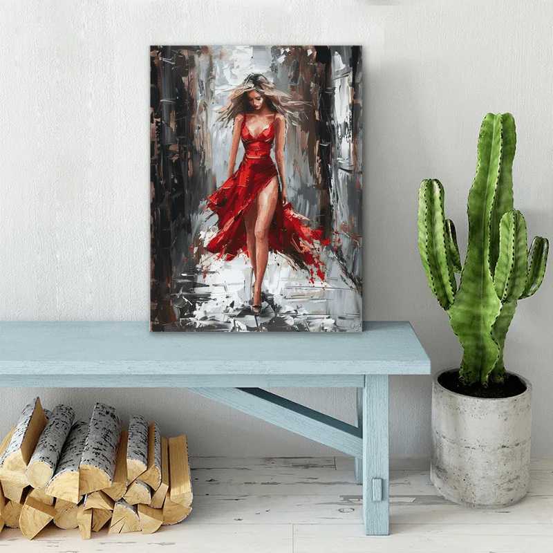 1pc Wooden Framed Canvas Oil Painting Elegant Woman in Red Dressroom or Wall Decor Office Artwork Vibrant Wall Art C251031