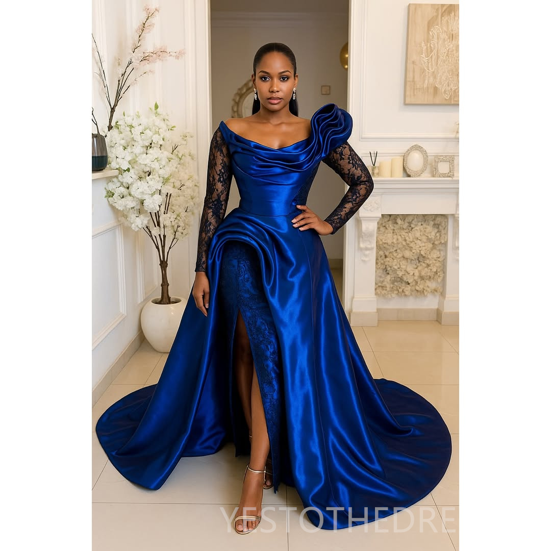 2025 Shiny Aso Ebi Prom Dress Mermaid Evening Dresses Scoop Neckline Sexy Side Split Beaded Lace Illusion Long Sleeves Birthday Dress Second Reception