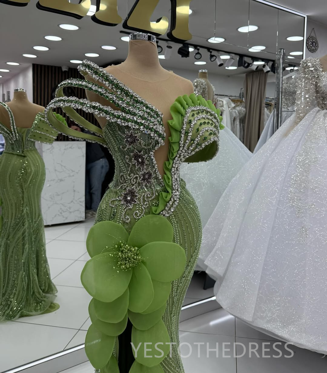 2026 Green Aso Ebi Prom Dress Mermaid Evening Dress Dress Robe De Soiree Sheer Neck Crystals Sexy Split Beaded Lace Flora Birthday Dress Second Recept