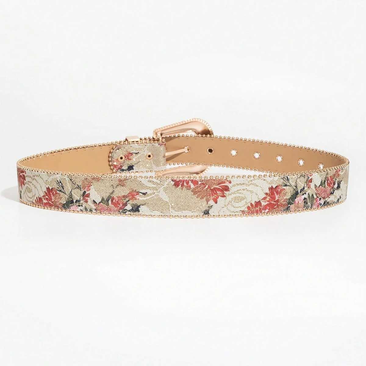 Womens Light Luxury and Elegant Carved Metal Buckle Multicolor Maple Leaf Glitter Print Beaded Edge Belt for JeansW251030