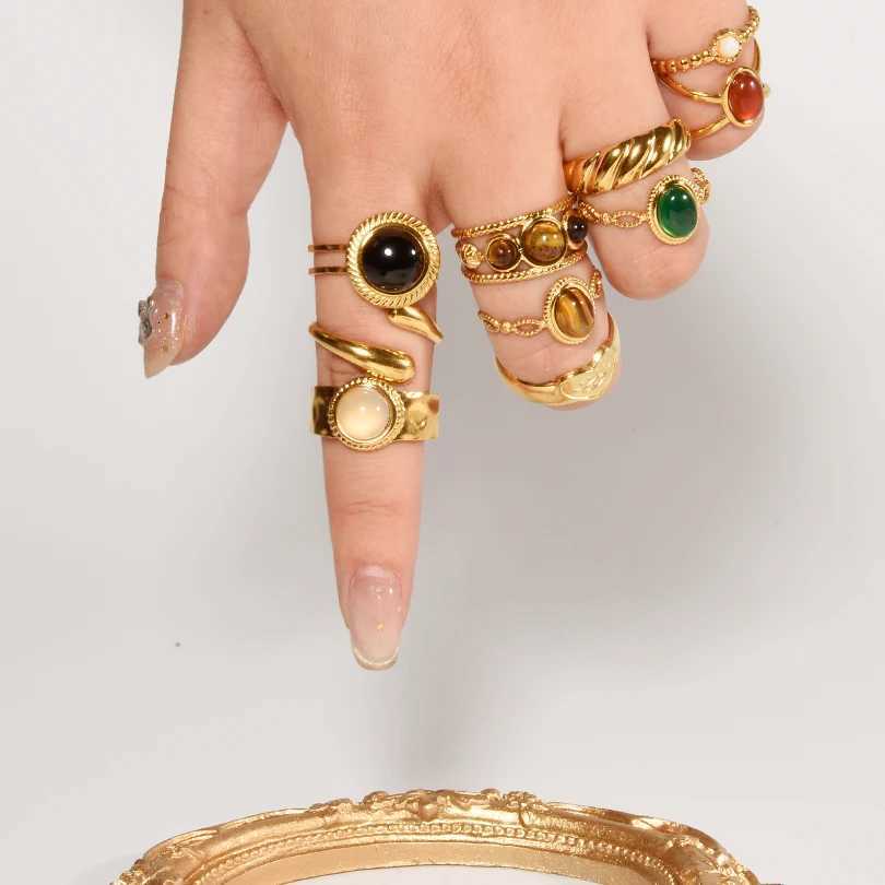 1pcs Classic Tiger Eye Real Stone Open Adjustable Stainless Steel Rings For Women Men Accessories Gold Color Finger Jewelry RingXJ251031