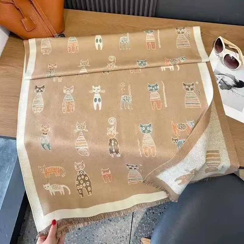 Cute cartoon cat doublesided doublewear faux cashmere womens winter thickened warm and coldproof scarf shawl for studentsW251030