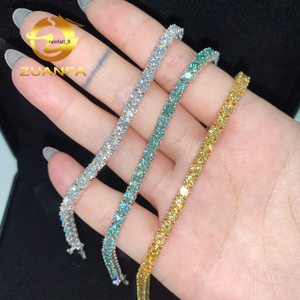 Ready Stocks Yellow Moissanite Blue Green Color Moissanite Tennis Chain Necklace 3mm 4mm Silver Iced Out Hip Hop Jewelry